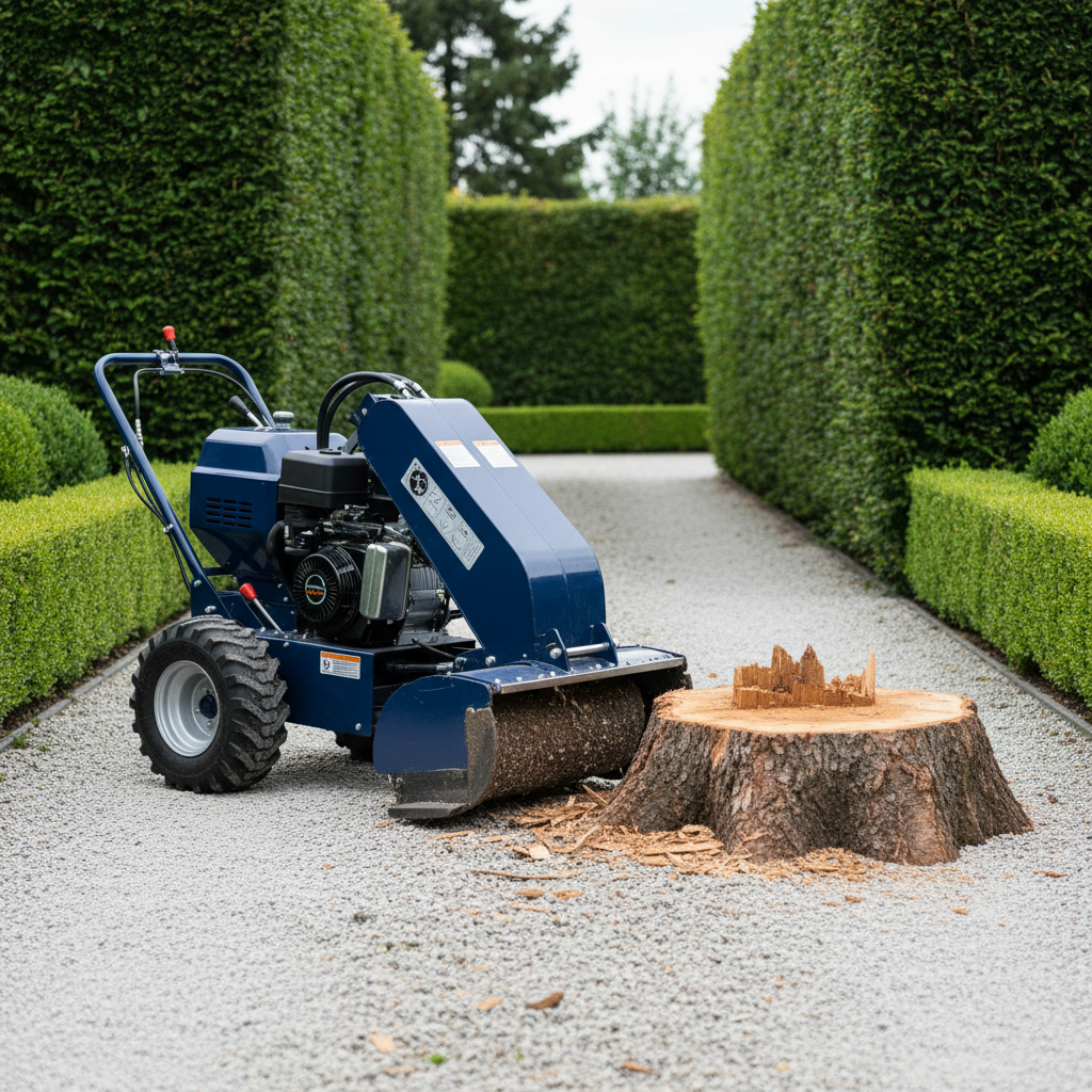 A glossy, high-powered stump grinder machine with polished metallic parts and rugged rubber tires is positioned beside a sturdy, partially ground tree stump on a tidy gravel driveway framed by trimmed evergreen hedges. The faint reflection of soft midday light on the grinder’s surfaces highlights its mechanical precision, while gentle cloud cover casts smooth, diffused shadows, minimizing glare. The setting feels structured and orderly, with clean lines and balanced visual elements. Shot from an angled side perspective, the composition employs the rule of thirds to bring dynamic balance and emphasize both the tool and the stump. The overall style remains photographic, crisp, and corporate, underscoring the expertise of the business.